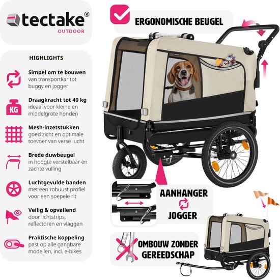 Beige hondenfietskar met een hond erin, 'Aanhanger Jogger' en 'Ergonomische beugel' tekst.