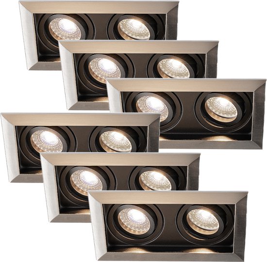 HOFTRONIC - Set van 6 Durham Dubbel LED Inbouwspots vierkant RVS - GU10 - 10 Watt 800 Lumen - 4000K Neutraal wit licht - Kantelbaar en Dimbaar - Diameter 100x185mm - Plafondspots 2 lichts