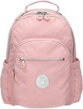 Sac à dos Kipling rose avec deux compartiments zippés et poches latérales.