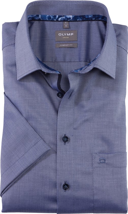 OLYMP Luxor comfort fit overhemd - korte mouw - structuur - marineblauw - Strijkvrij - Boordmaat: 42