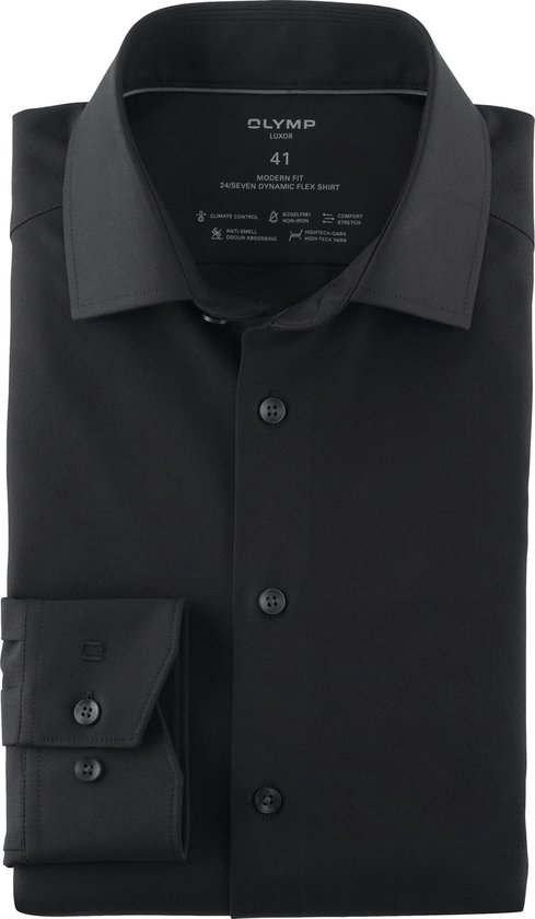 OLYMP Luxor 24/7 modern fit overhemd - popeline - zwart - Strijkvriendelijk - Boordmaat: 42
