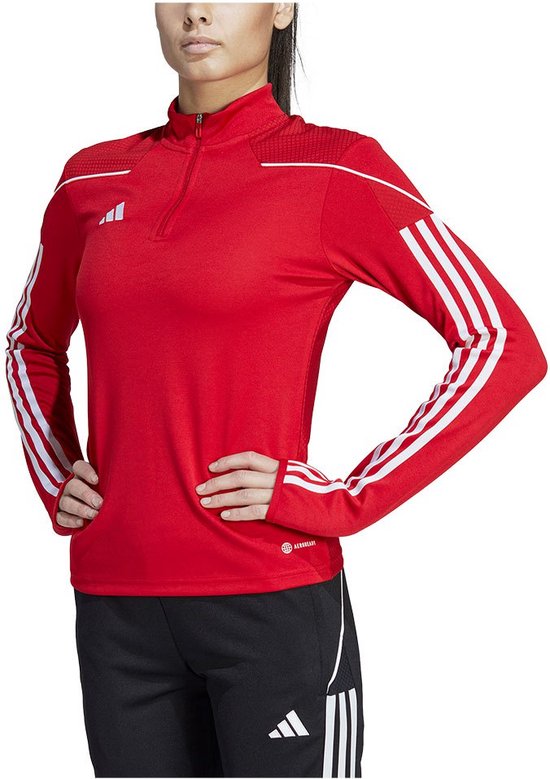 Dames Adidas rood sportshirt met witte strepen op de mouwen en Adidas logo op de borst. Lange mouwen, halssluiting.