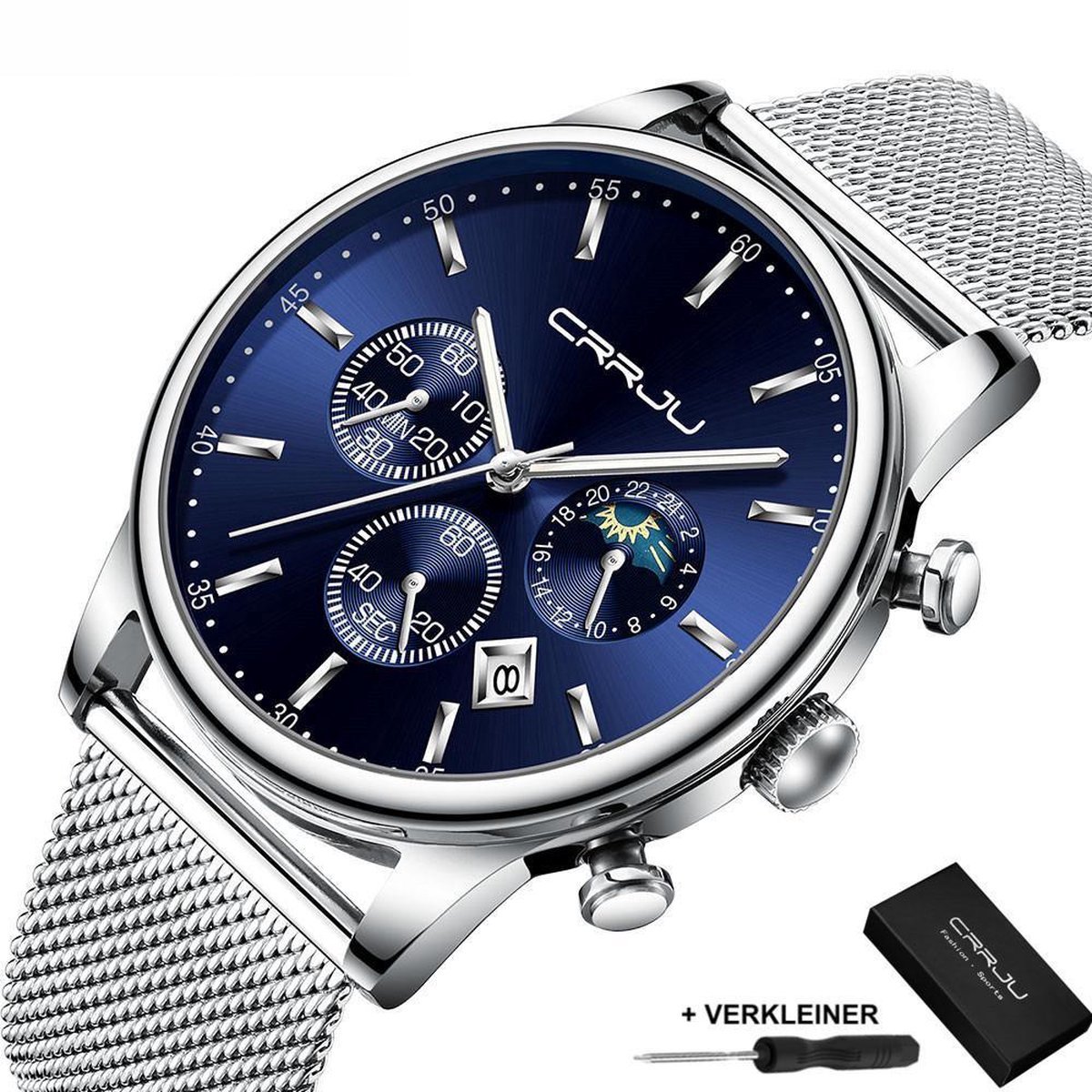 CRRJU - Horloge Heren - Cadeau voor Man - 42 mm - Zilver Blauw