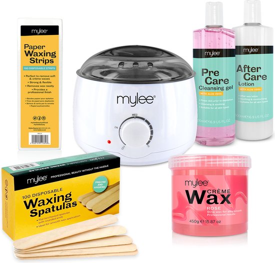 Mylee Cream Wax Set, Complete Professional Home Waxing Set, Silky Skin Digital Wax Warmer, Cream Wax Lilac, Paper Strips, Spatulas, Pre & Aftercare Gel
