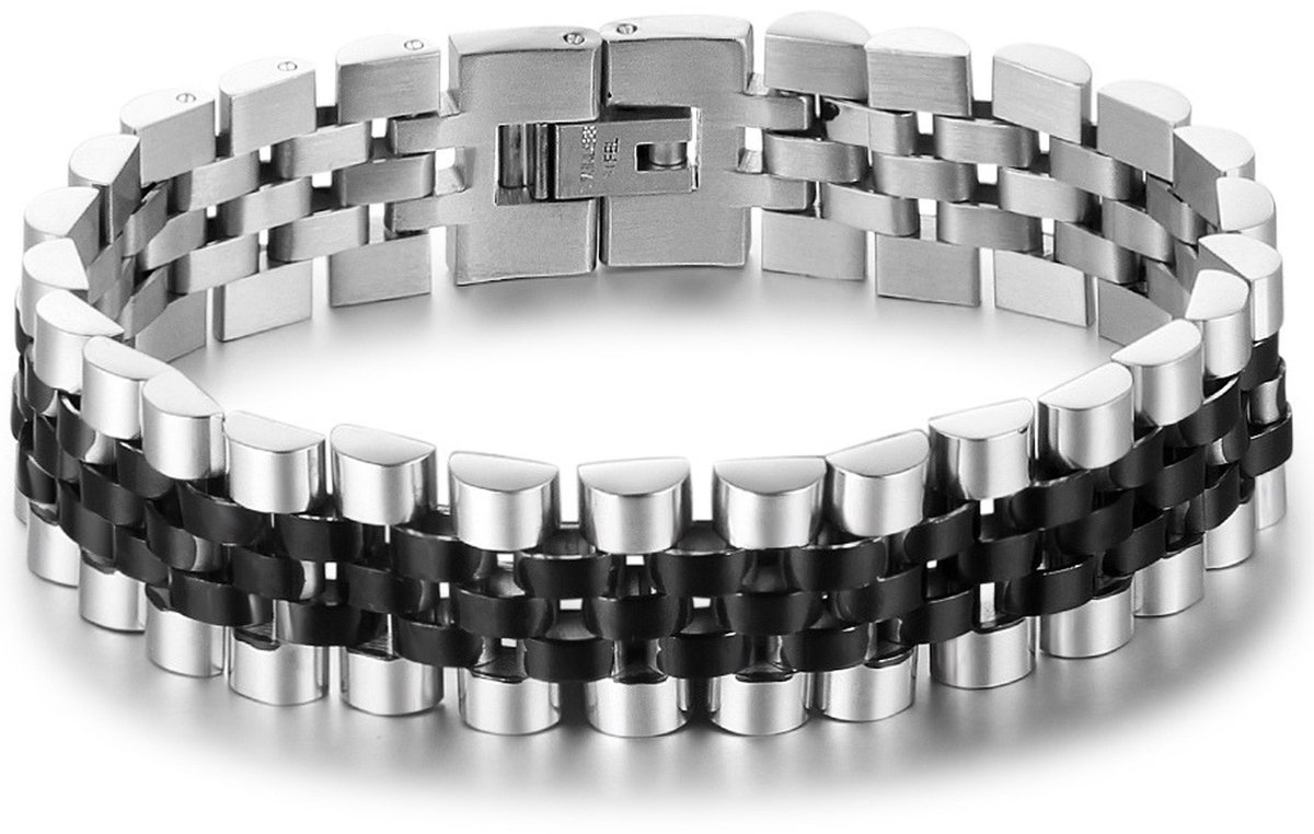 Jubilee Stijl Heren Armband - Horlogeband Stijl - Zilver / Zwart kleurig - Staal - 15mm - Schakelarmband - Armbanden - Papa Cadeau Voor Mannen - Vaderdag
