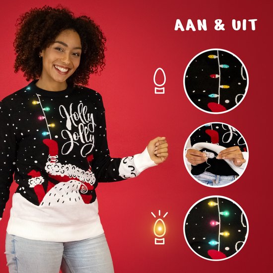 Vrouw met kersttrui met lichtjes "Holly Jolly". Close-ups tonen de lichtjes aan en uit. Tekst "AAN & UIT" en "Get comfy!".