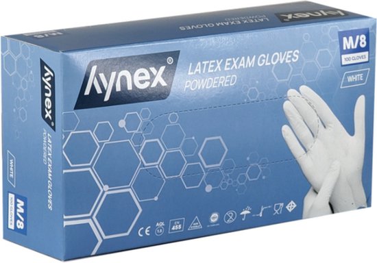 Verpakking van 100 witte Hynex latex wegwerphandschoenen, maat M/8, poeder.