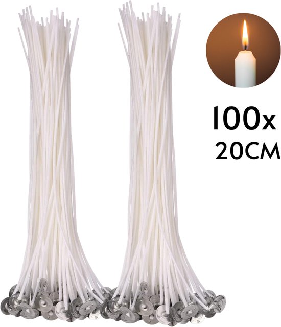 Deux lots de 100 mèches de bougies blanches de 20 cm avec bases métalliques.