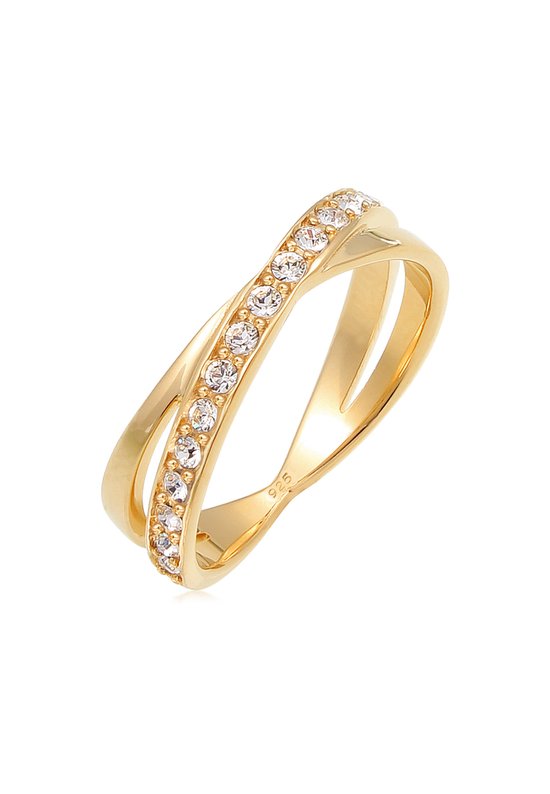 Bague dorée aux bandes croisées, incrustée de cristaux. Marque argentée '925' visible.