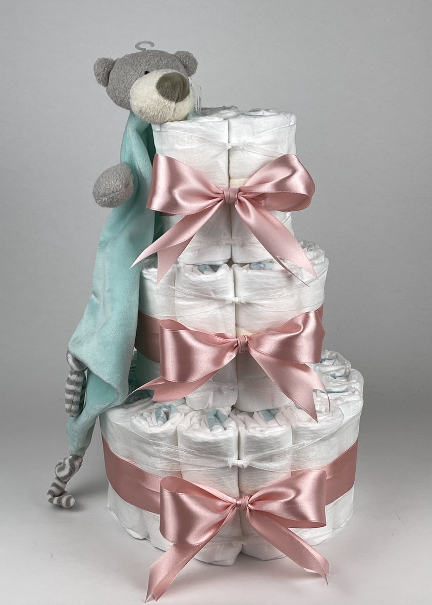 Goedkoopste Chouette-Chouette | Luiertaart Meisje | Kraamcadeau | Geboorte Meisje | Babyshower | Knuffeldoek Beer Mint groen - donker Poeder Roze