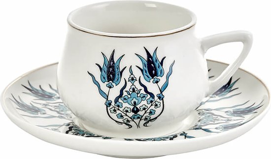 Wit koffiekopje en schoteltje met decoratief blauw en groen tulpenpatroon en gouden rand.