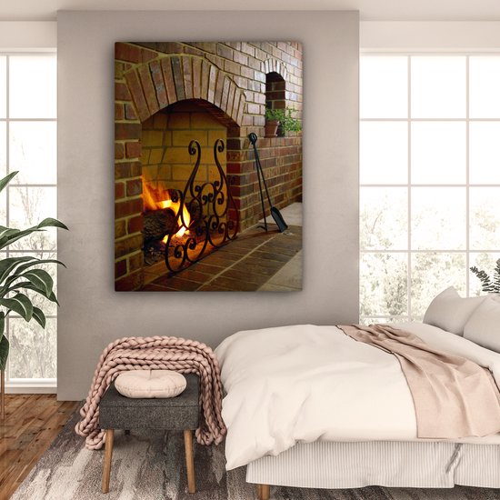 Feu dans une cheminée 120x160 cm - Tirage photo sur toile (Décoration murale salon / chambre) XXL / Grand format!