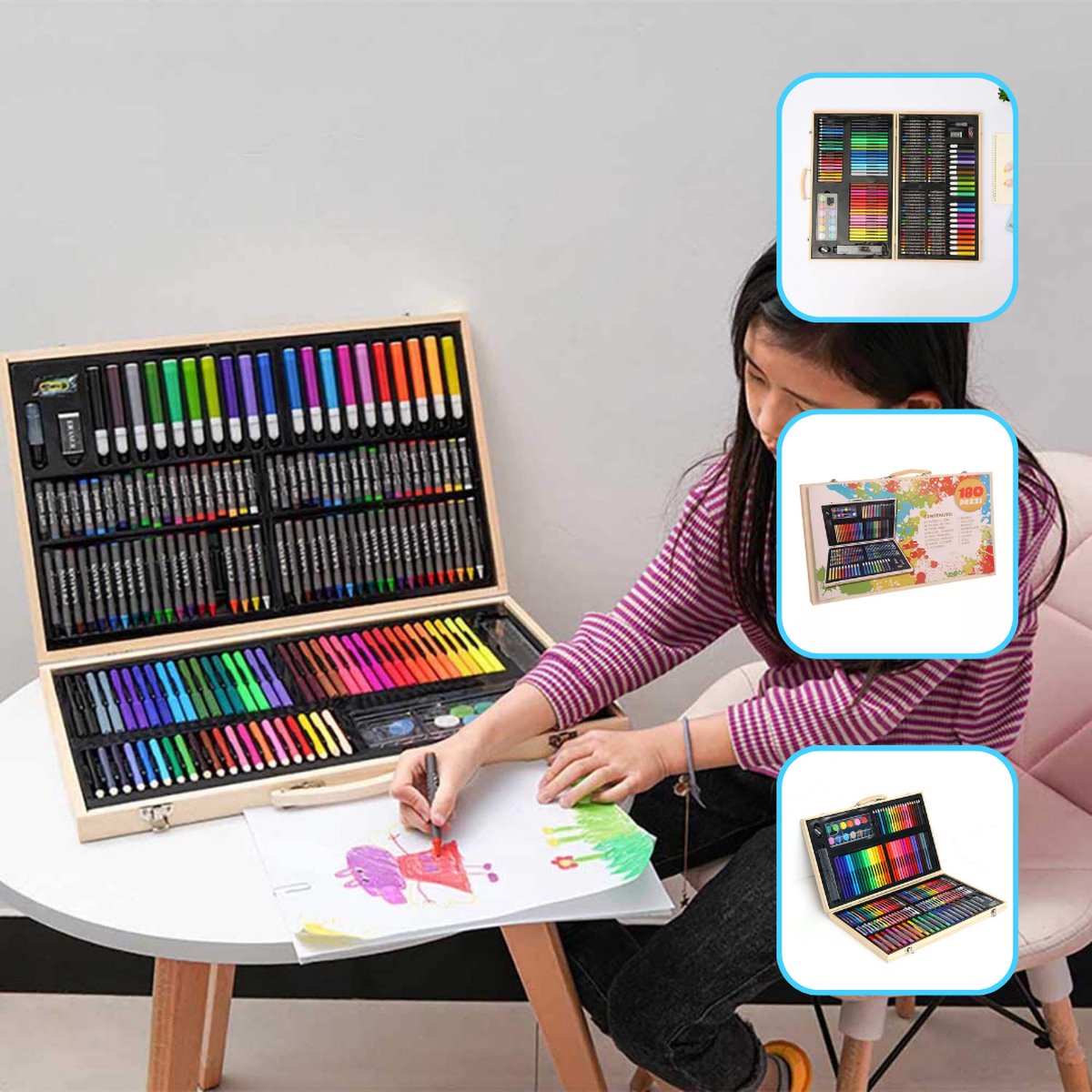 Buxibo Luxe 180-Delige Teken- en Verf Set - Tekendoos met Kleurpotloden, Waskrijt en Acrylverf - Tekenset Compleet voor Kinderen en Volwassenen — afbeelding 6