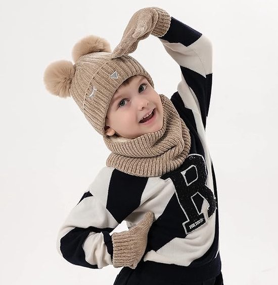 Winmany 3PCS Kinderen Winter Mutsen Handschoenen Sjaal Set Peuter Fleece Nek Warmer Muts met Pom Gebreide Wanten Set voor Meisje Jongen (Beige