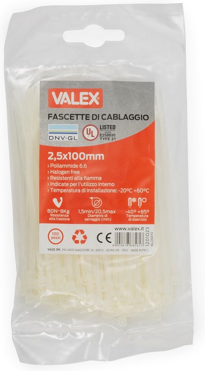 Valex - Witte kabelbinders / Tie wraps 2,5x100mm 100 stuks - 1201023