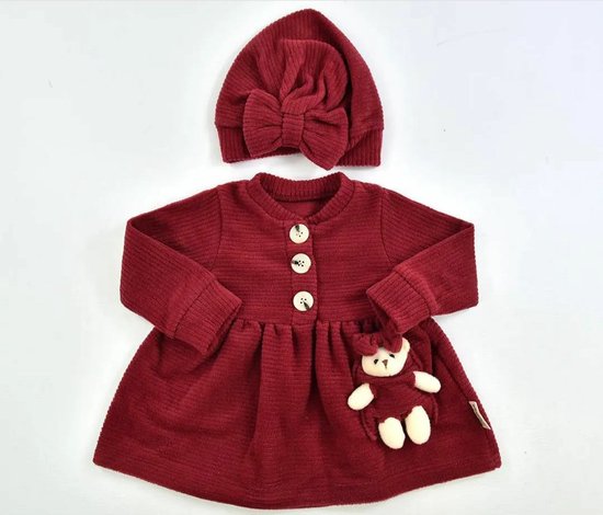 baby jurk - Meisjes kleding - bordo van kleur - Maat 74 - Teddybeer