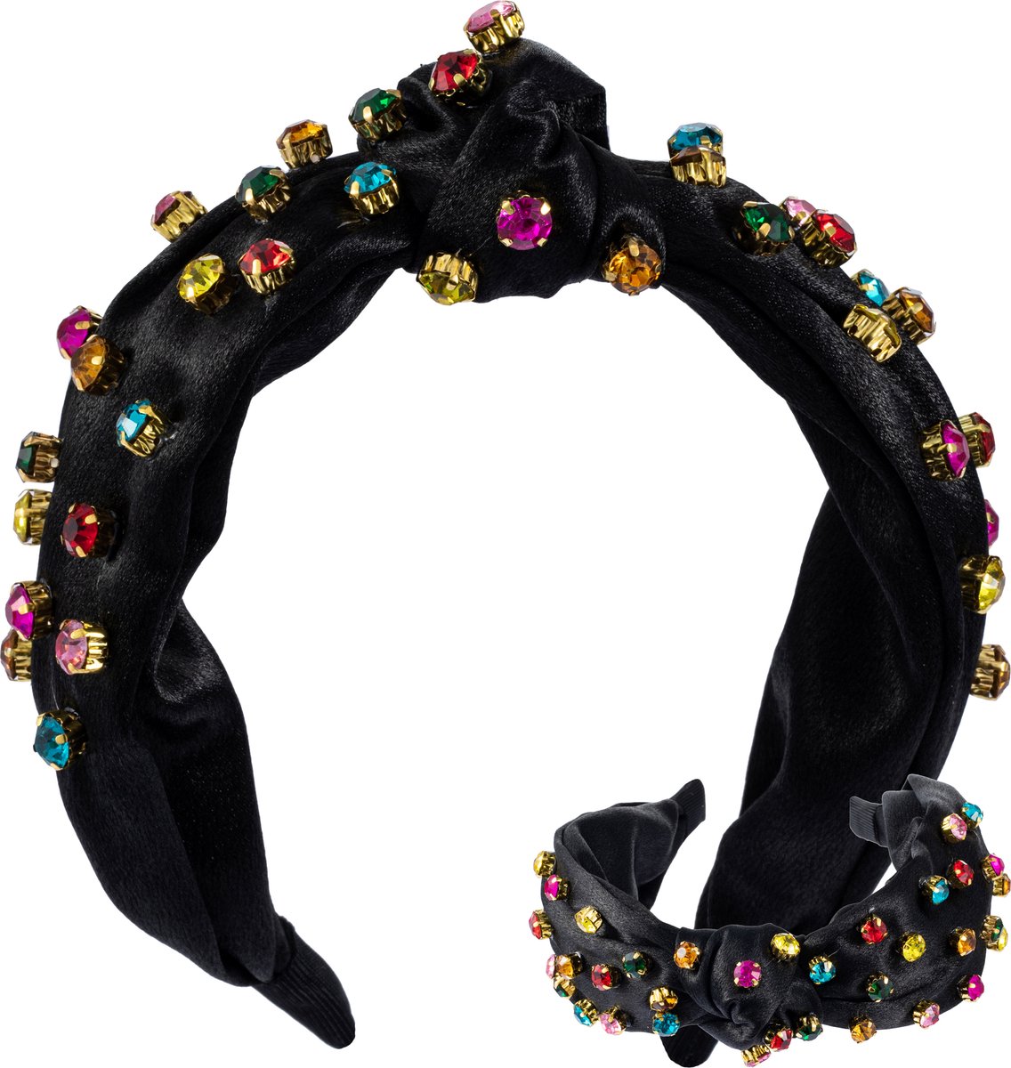 Nouka Zwarte Dames Diadeem – Met Multicolor Steentjes – Satijnen Gevoel – Brede, Dikke, Puffy met Twist - Vrouwen Haarband - Cadeau voor Vrouwen