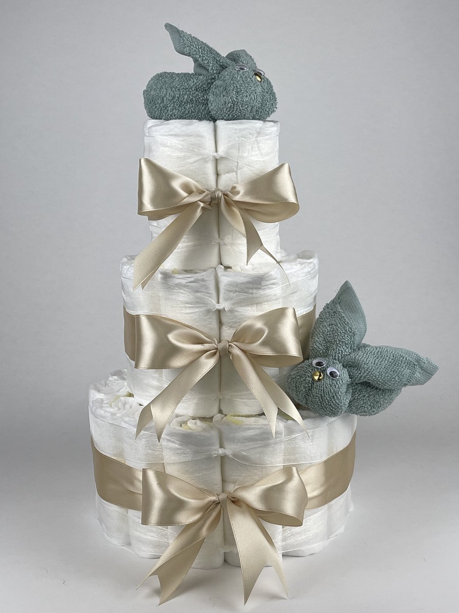 Goedkoopste Chouette-Chouette | Luiertaart Neutraal | Kraamcadeau | Geboorte Jongen Meisje | Babyshower | Konijnen Stone groen - Beige