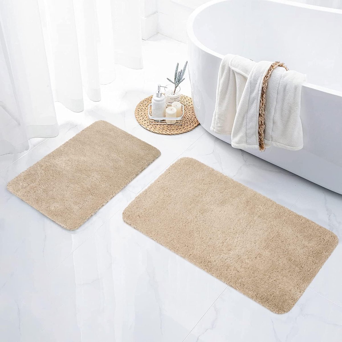 Badkamertapijten, 2-delige badmat, antislip, wasbaar, zachte hoogpolig, pluizige microvezel badmatset - 40 x 60 cm + 50 x 80 cm, beige