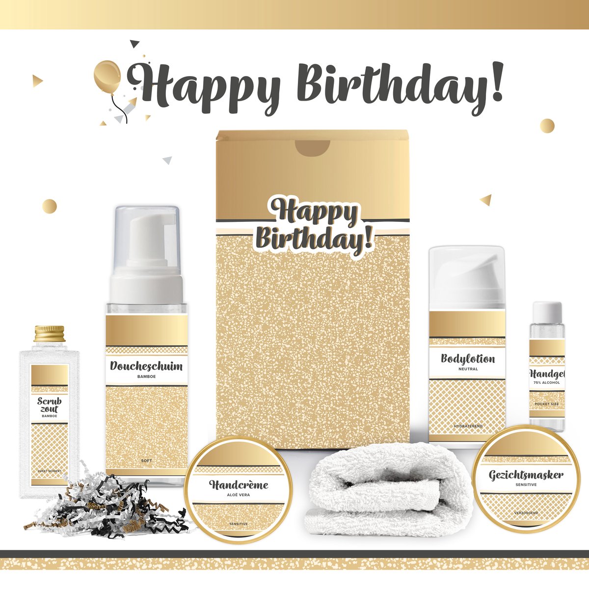 Goedkoopste Geschenkset “Happy Birthday!” - 7 producten - 650 gram | Giftset voor haar - Luxe wellness cadeaubox - Cadeau vrouw - Gefeliciteerd - Set Verjaardag - Geschenk jarige - Cadeaupakket moeder - Vriendin - Zus - Verjaardagscadeau - Goud