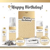 Geschenkset “Happy Birthday!” - 7 producten - 650 gram | Giftset voor haar - Luxe wellness cadeaubox - Cadeau vrouw - Gefeliciteerd - Set Verjaardag - Geschenk jarige - Cadeaupakket moeder - Vriendin - Zus - Verjaardagscadeau - Goud