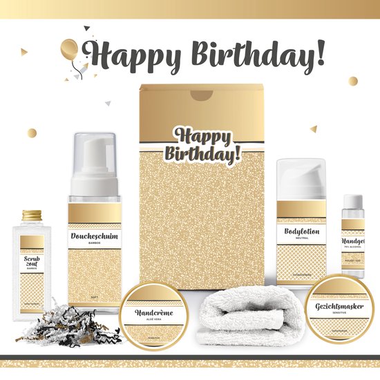 Foto: Geschenkset happy birthday 7 producten 650 gram giftset voor haar luxe wellness cadeaubox cadeau vrouw gefeliciteerd set verjaardag geschenk jarige cadeaupakket moeder vriendin zus verjaardagscadeau goud