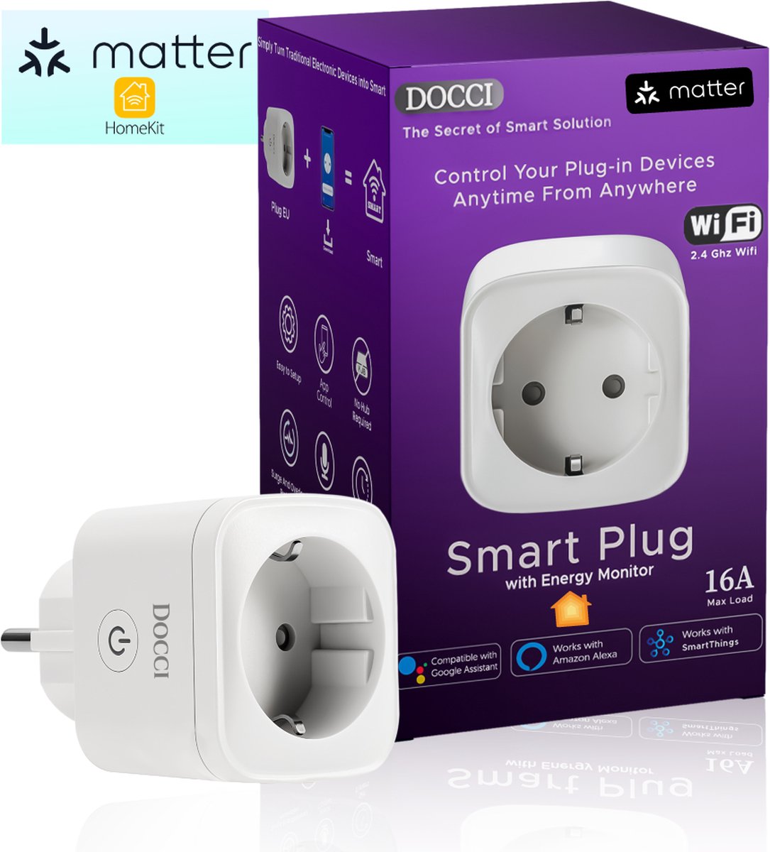 Docci® SP77 (Matter) Wifi Smart Plug met Timer en Energiemeter - Apple Home, Alexa en Google Assistant compatibel