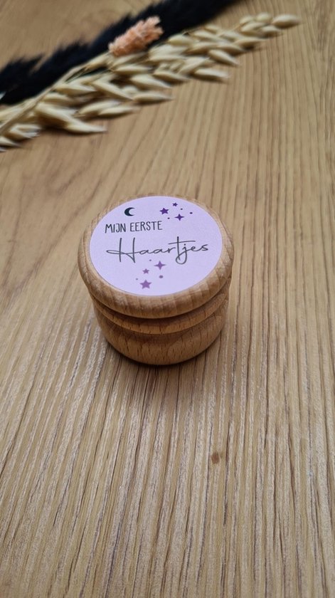 Mijn Eerste haartjes Bewaarpotje - Houten Bewaardoosje | haartjes | haarlokdoosje | opdruk: sticker Licht roze | bewaarpotje | haarlokpotje