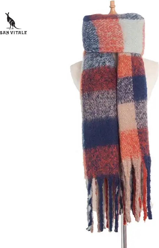 San Vitale® - 1.3 Luxe Winter Sjaal - Winter - Wol Mix - Omslagdoek - Geblokt - Multicolor Blauw/Rood