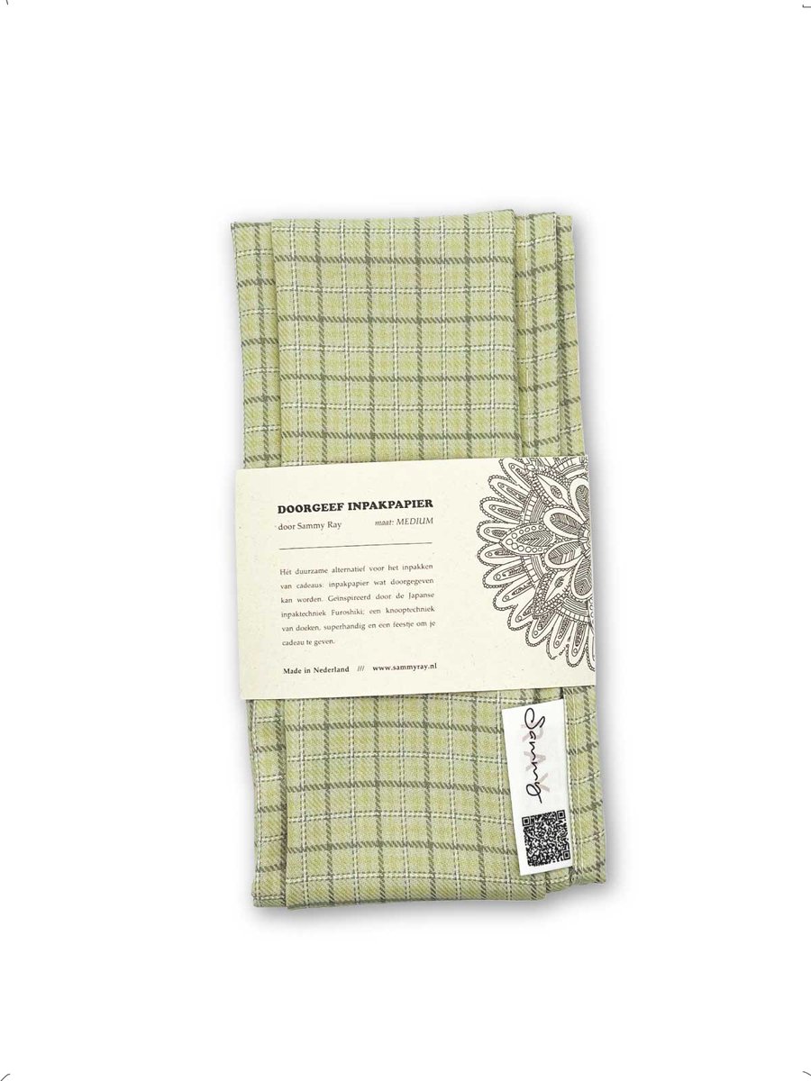 Doorgeef Inpakpapier - Furoshiki - Duurzaam cadeau - Cadeaupapier - Inpakstof - Lichtgroene ruit - Size M