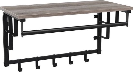Rootz Kapstok - Wandkapstok met Plank - 5 Afneembare Haken - Wandmontage - Opbergkast Ingang - Plank Met Haken Voor Jassen - Spaanplaat - Staal - Greige Zwart - 66 x 30 x 27 cm (L x B x H)