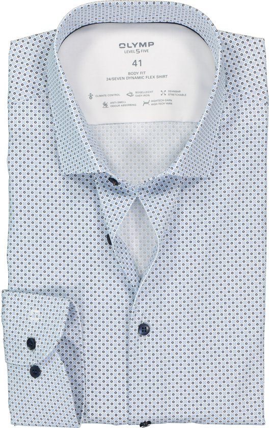 OLYMP Level 5 body fit overhemd 24/7 - wit met licht- en donkerblauw dessin tricot - Strijkvriendelijk - Boordmaat: 38