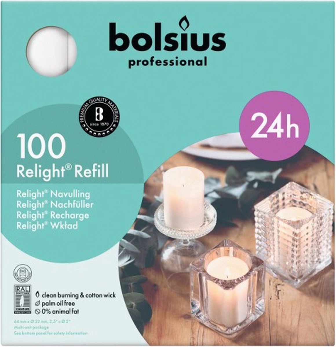 Bolsius 100 stuks Bolsius ReLight kaars in witte houder 64/52 (24 uur) WIT