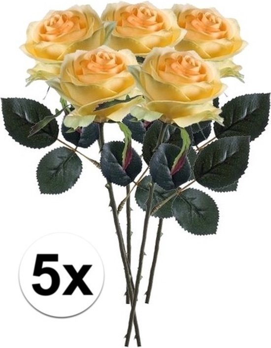 5 x Gele roos Simone steelbloem 45 cm - Kunstbloemen