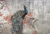 Fotobehang - Pauw - Vogel - Takken - Bladeren - Abstracte Achtergrond - Vliesbehang - 416x290cm (lxb)