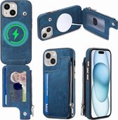 sulada schokbestendige backcase met magnetische ring lederlook, rfid-kaarthouder en portemonnee de geschikt voor Apple iphone 15 plus blauw