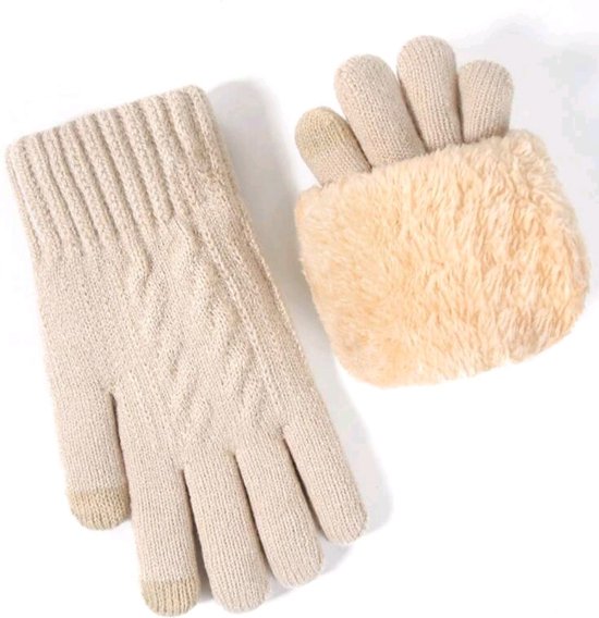 handschoenen winter - dames - Touchscreen - beige - one-size - gloves for winter - handschoenen verwarmd - gebreide fleece