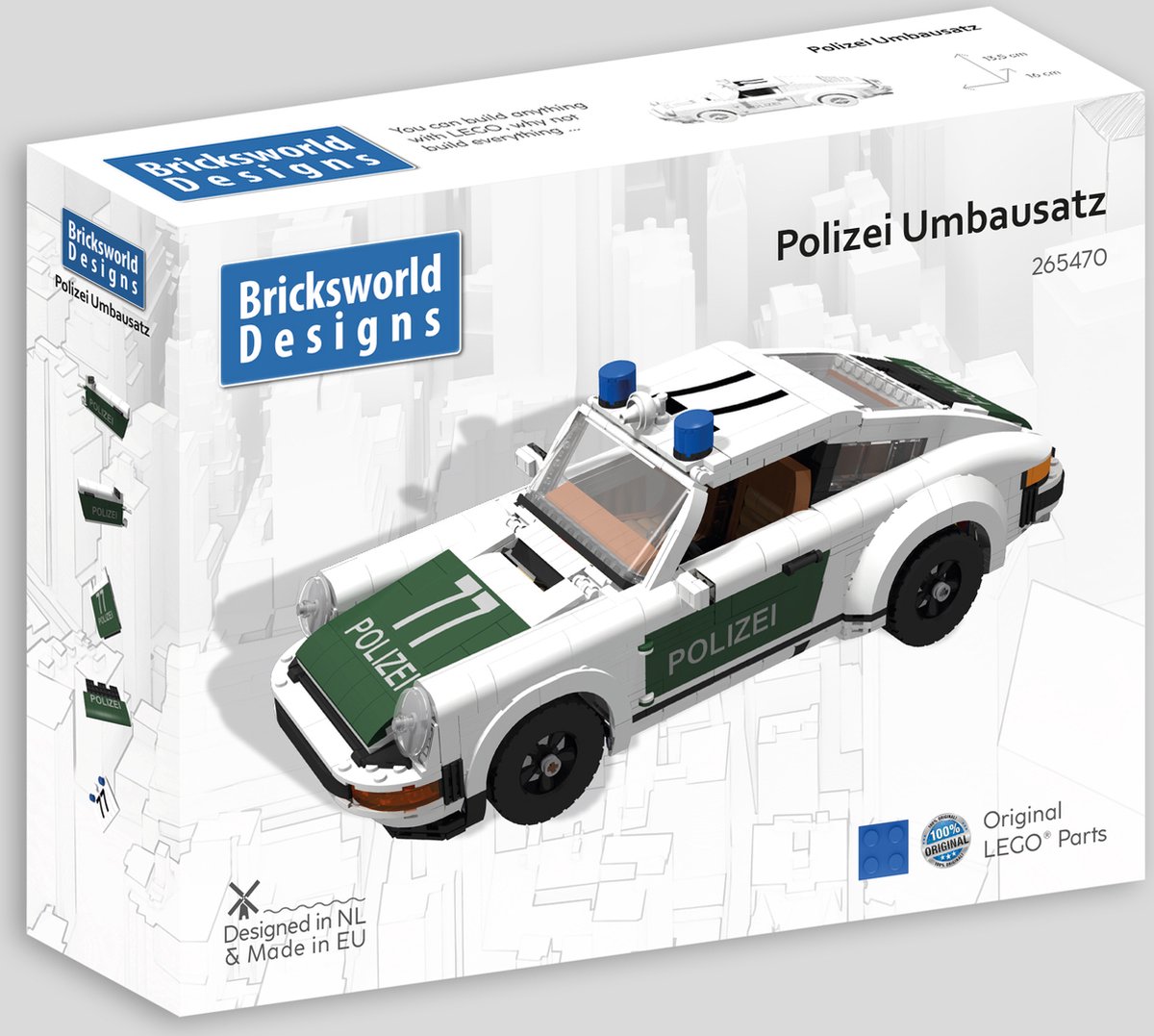 Bricksworld BOC-POR-PO Bricksworld Polizei ombouwkit voor LEGO® 10295 Porsche 911 Turbo. Samengesteld uit originele nieuwe LEGO® onderdelen.