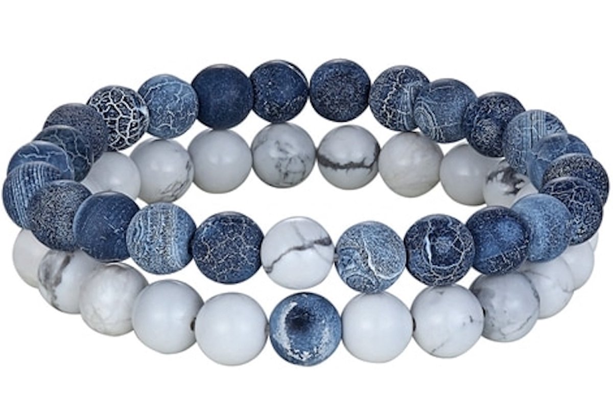 Dubbele Kralen Armband - Natuursteen - Armbanden Heren Dames - Marmer Wit / Aqua Blauw - Papa Cadeau Voor Mannen - Vaderdag