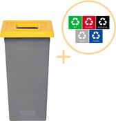 Plafor Fit Bin, Prullenbak voor afvalscheiding - 75L – Grijs/Geel- Inclusief 5-delige Stickerset - Afvalbak voor gemakkelijk Afval Scheiden en Recycling - Afvalemmer - Vuilnisbak voor Huishouden, Keuken en Kantoor - Afvalbakken - Recyclen