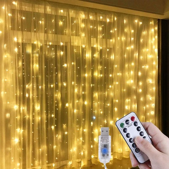 LED-lichtgordijn，3m x 3m 300 LED Gordijn licht Warm Wit Venster Fairy String Lights, 8 Modi Afstandsbediening met USB-aansluiting, voor Kerstmis, Feest, Bruiloft, Slaapkamer Decoratie