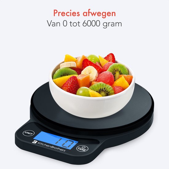 KitchenBrothers Keukenweegschaal - Weegschaal Keuken Digitaal - 1 g tot 6 kg - Tarra Functie - Zwart