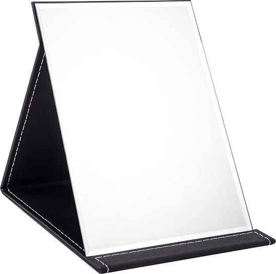 Miroir pliant portable 25 x 18 cm, miroir de maquillage compact super HD , miroir de voyage en cuir PU noir, miroir de courtoisie sur pied, miroir de table pliable