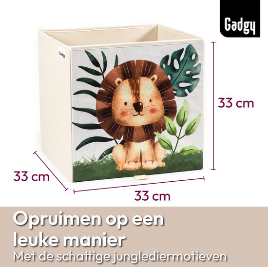 Gadgy opbergdoos van 33x33x33 cm met een schattige leeuw en groene bladeren erop, met afmetingen aangegeven.