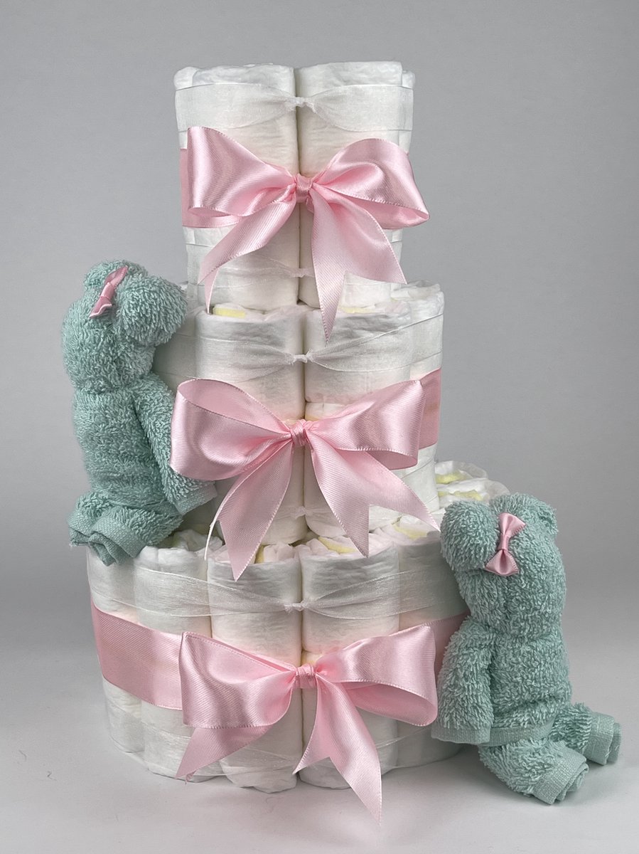 Chouette-Chouette | Luiertaart Meisje | Kraamcadeau | Geboorte Meisje | Babyshower | Beren Mint groen - Roze