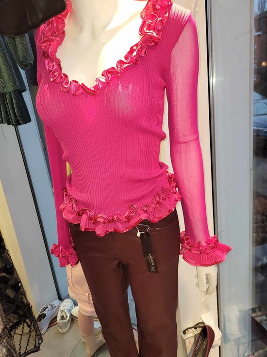 Beeldige fuchsia blouse voor dames met roosjes - maat S/M