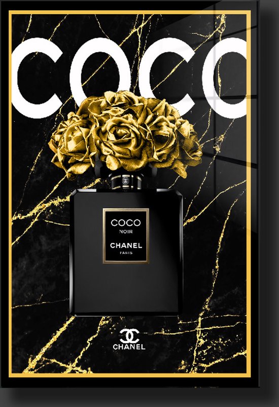 Coco chanel mademoiselle black mermer gold plexiglas schilderij 80x120cm