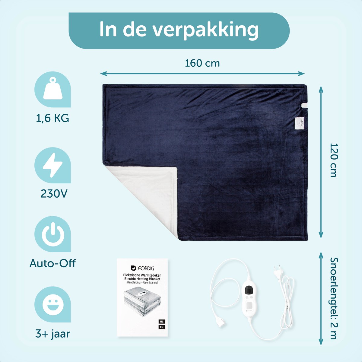 ForDig Elektrische Deken – Warmtedeken – Bovendeken – 1 persoons – 6 warmtestanden – Timer – 160 x 120cm - Navy Blauw – foto 6