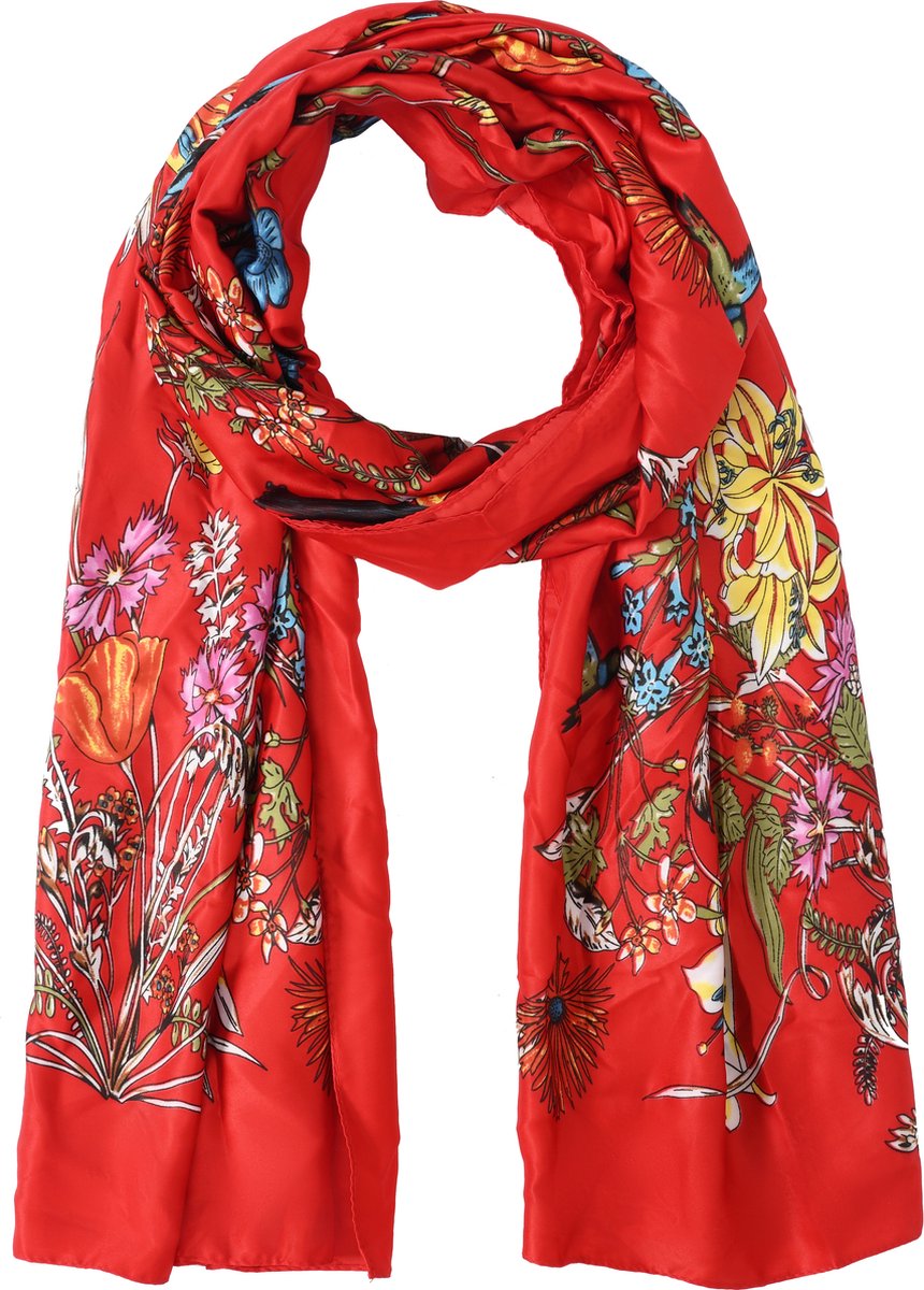 Nouka Rode Multicolor Dames Sjaal - Satijnen Gevoel - Warme & Lichte Sjaal – met Bloemenprint – Alle Seizoenen – 70 x 180 cm