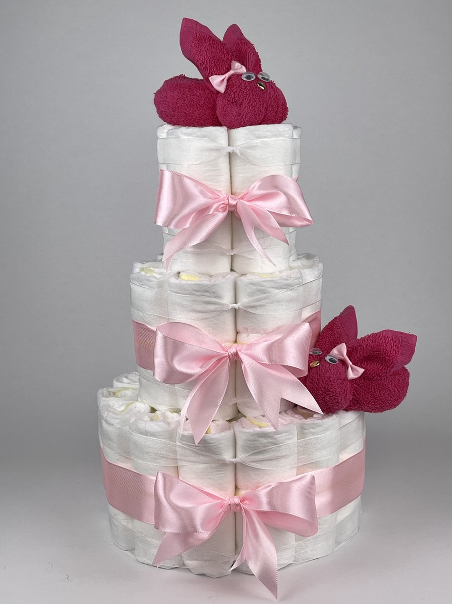 Chouette-Chouette | Luiertaart Meisje | Kraamcadeau | Geboorte Meisje | Babyshower | Konijnen Fuchsia roze - Roze